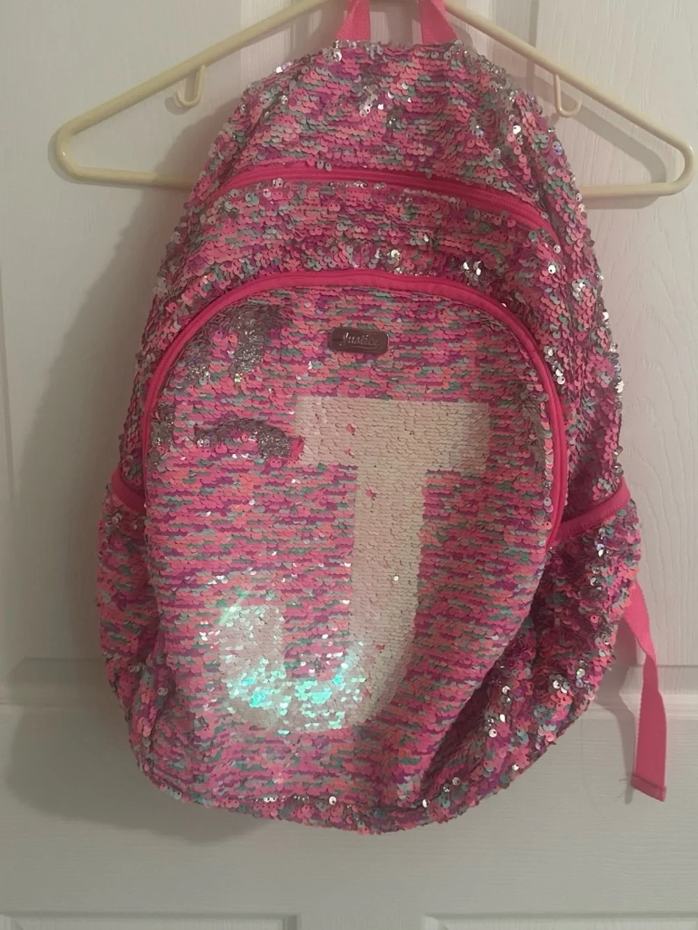 Justice Pink Sequin Backpack with White Letter J